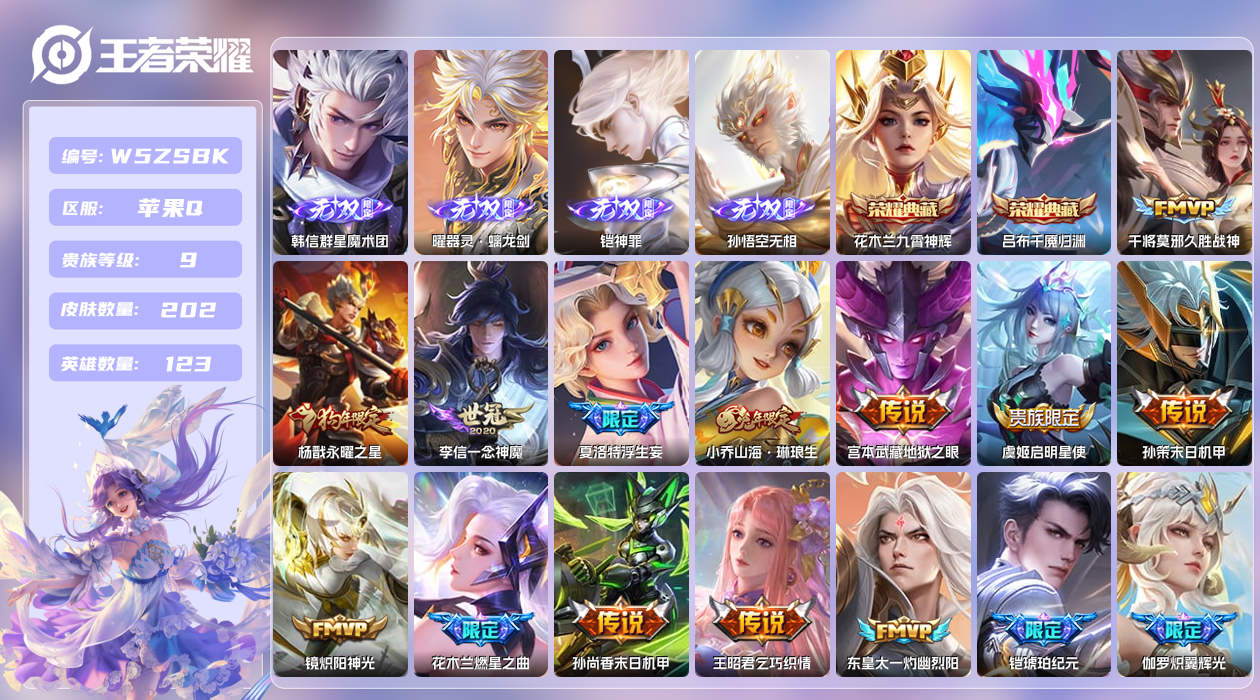 王者荣耀账号苹果QQ【H】[万战司空震]苹果手Q136区202皮2典藏35传说4无双1星元1金标2银标6印记 钱包无法注