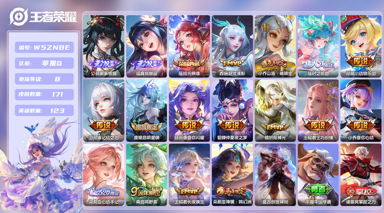 王者荣耀账号苹果QQ【L】苹果手Q144区171皮2珍品传说1典藏15传说2无双 时之愿境 营地ID1659579316