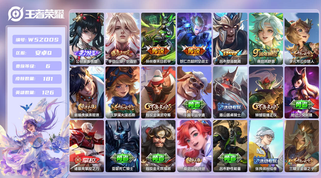 王者荣耀账号安卓QQ【H】安卓手Q381区181皮0典藏5传说1无双 钱包无法注销，不影响正常游戏 营地ID184212