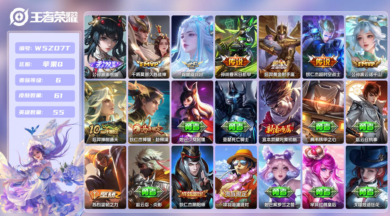 王者荣耀账号苹果QQ【N】苹果手Q141区61皮0典藏8传说1无双 营地ID447551096(不可二次)V6非凡王者 