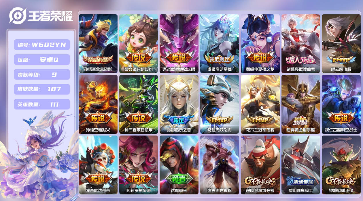 王者荣耀账号安卓QQ【L】安卓手Q30区187皮1典藏15传说0无双 钱包无法注销，不影响正常游戏 营地ID416749