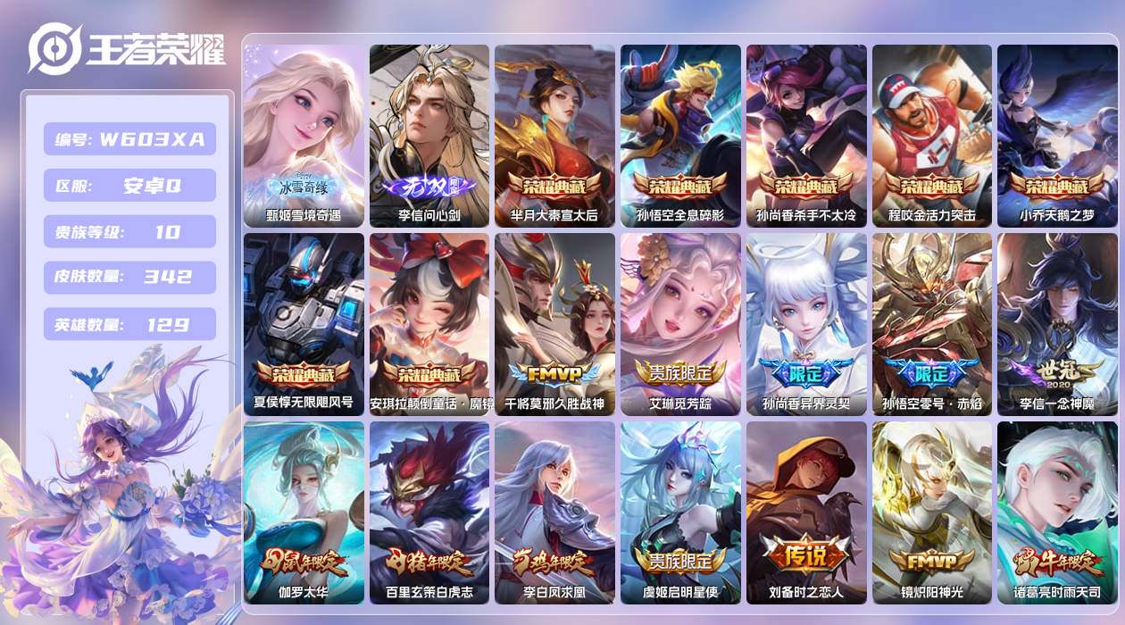 王者荣耀账号安卓QQ【】安卓手Q81区342皮1珍品传说8典藏22传说2无双15印记1天幕贵族积分201203流光积分1
