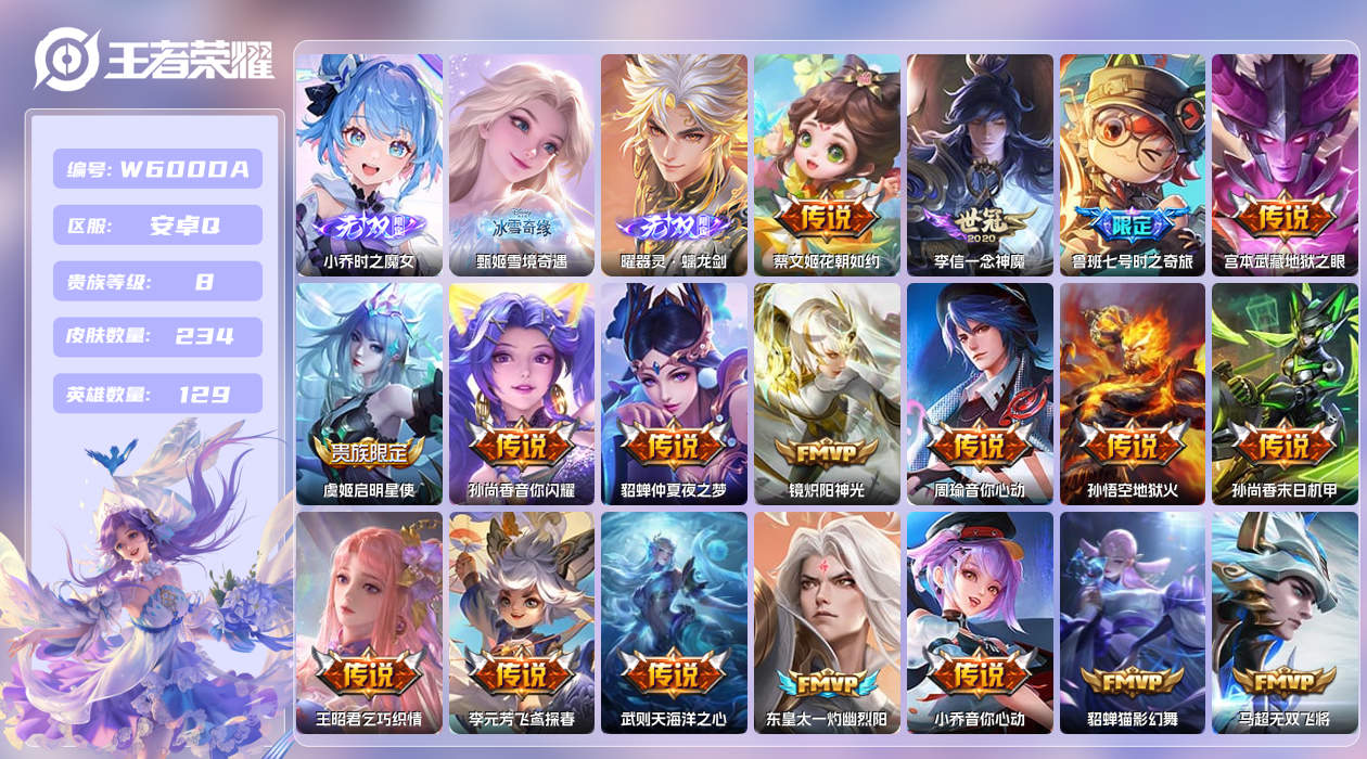 王者荣耀账号安卓QQ【】安卓手Q425区234皮4珍品传说1典藏37传说3无双 差1892点券到v10! 营地ID173