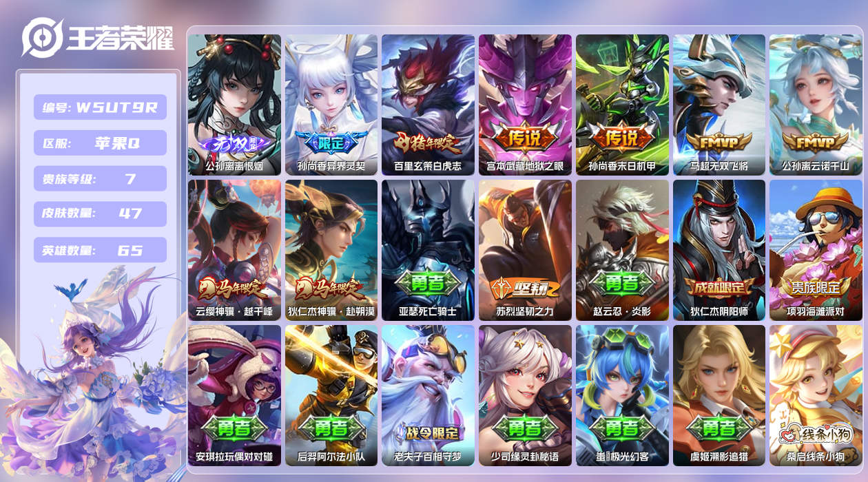 王者荣耀账号苹果QQ【】苹果手Q140区47皮1珍品传说0典藏8传说1无双 营地ID1507127433(不可二次)V7