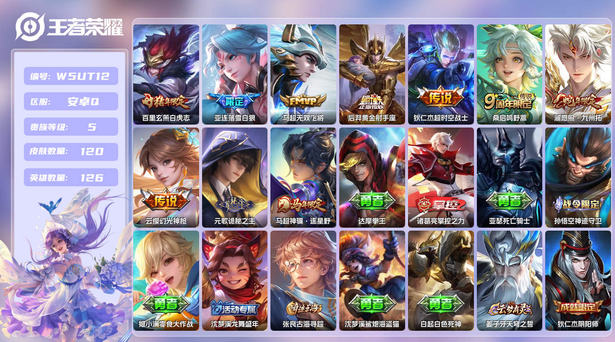 王者荣耀账号安卓QQ【】安卓手Q470区120皮0典藏10传说0无双 营地ID1653200643(可二次)V5至尊星耀