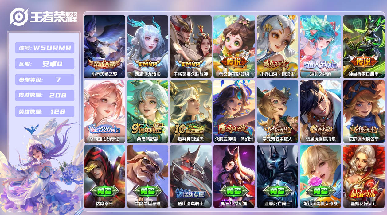 王者荣耀账号安卓QQ【】漂亮女号！安卓手Q340区208皮1典藏10传说0无双 营地ID1759356872(不可二次)