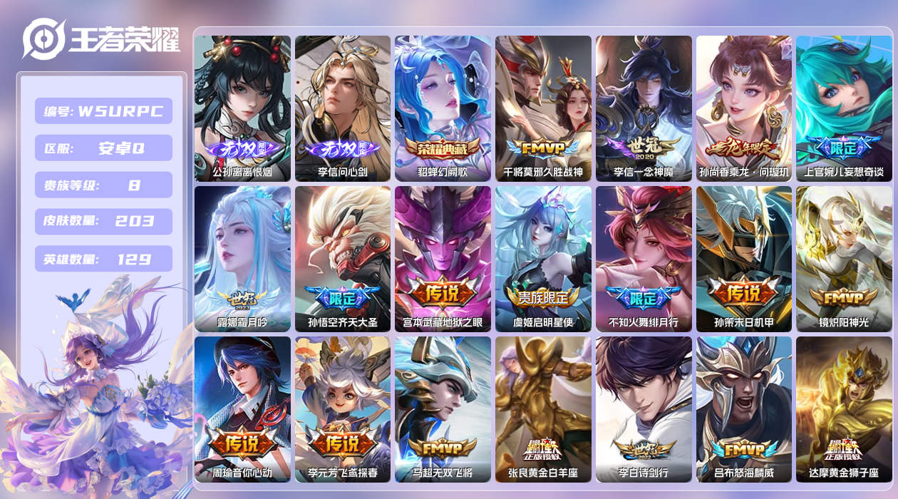 王者荣耀账号安卓QQ【】安卓手Q510区203皮2珍品传说1典藏31传说2无双 营地ID1841648406(不可二次)