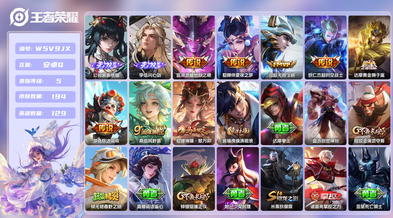 王者荣耀账号安卓QQ【】安卓手Q293区194皮0典藏8传说2无双 营地ID1669343064(可二次)V5至尊星耀I