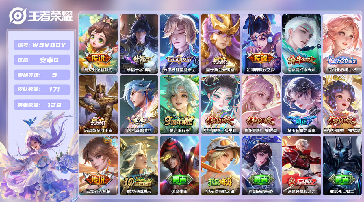 王者荣耀账号安卓QQ【】安卓手Q466区171皮1珍品传说0典藏16传说0无双 营地ID1762924382(不可二次)