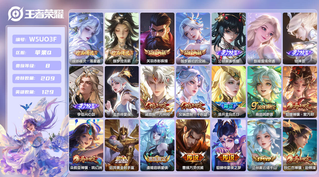 王者荣耀账号苹果QQ【】苹果手Q13区209皮2珍品传说2典藏21传说4无双1星传说1天幕22按键 V8 营地ID407