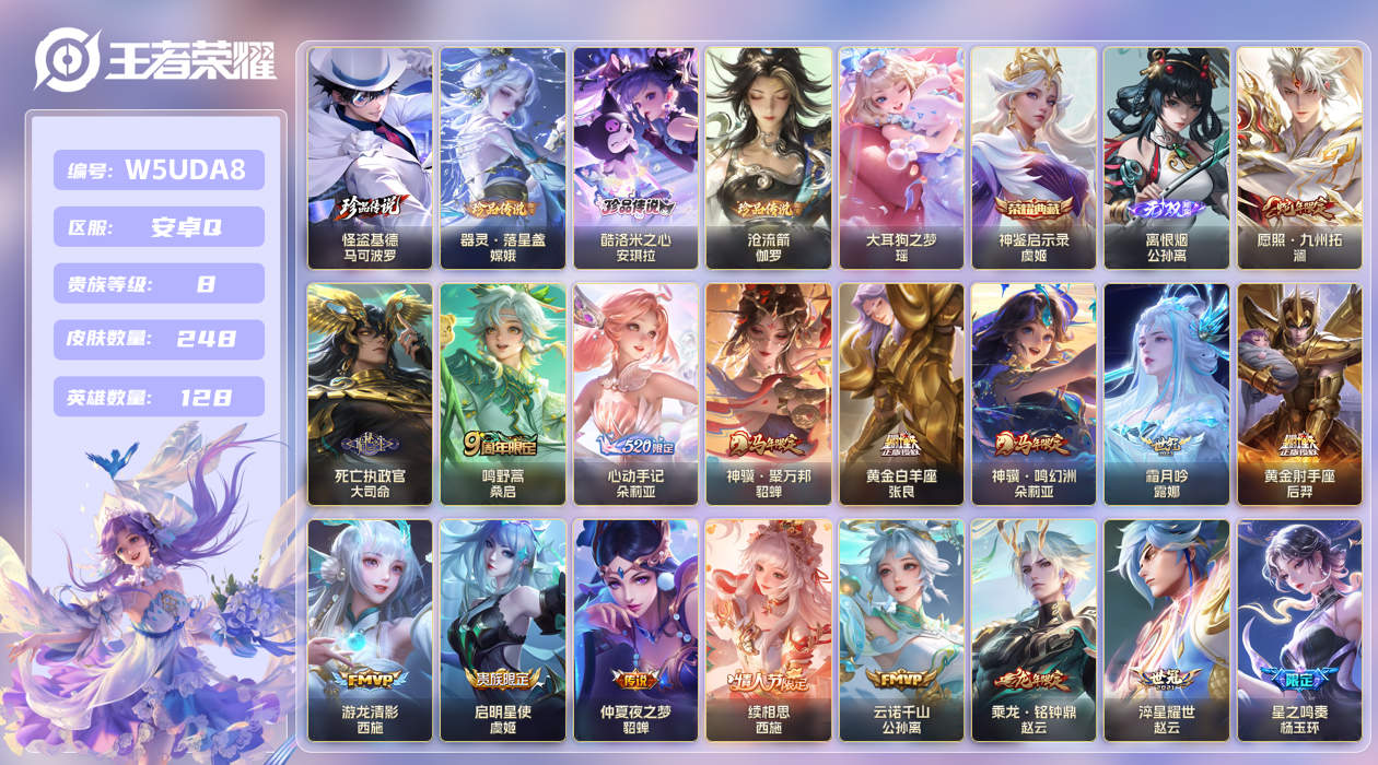 王者荣耀账号安卓QQ【】安卓手Q415区248皮5珍品传说1典藏19传说1无双 V8 营地ID1756530358 (可