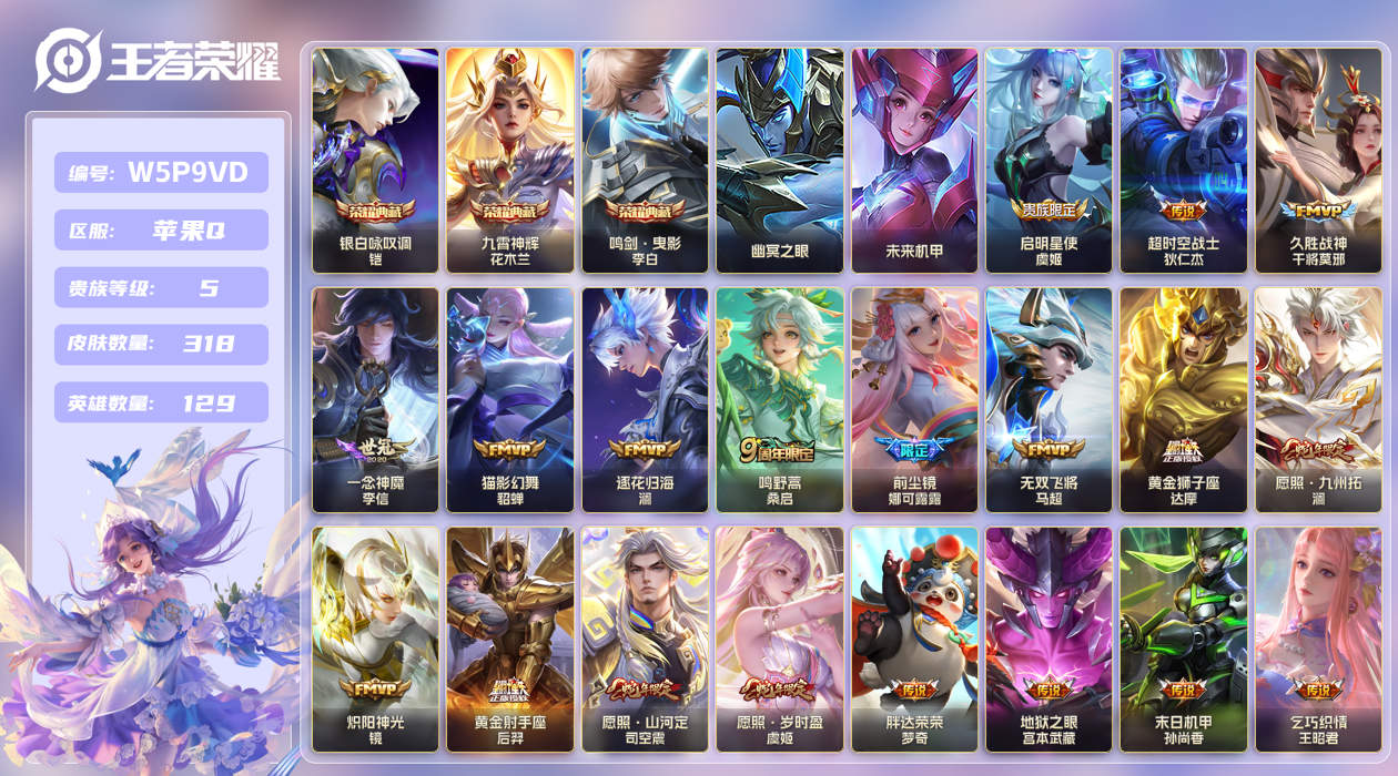 王者荣耀账号苹果QQ【】苹果手Q123区318皮3典藏19传说0无双2星传说8按键3签名 V5钱包无法注销，不影响正常游