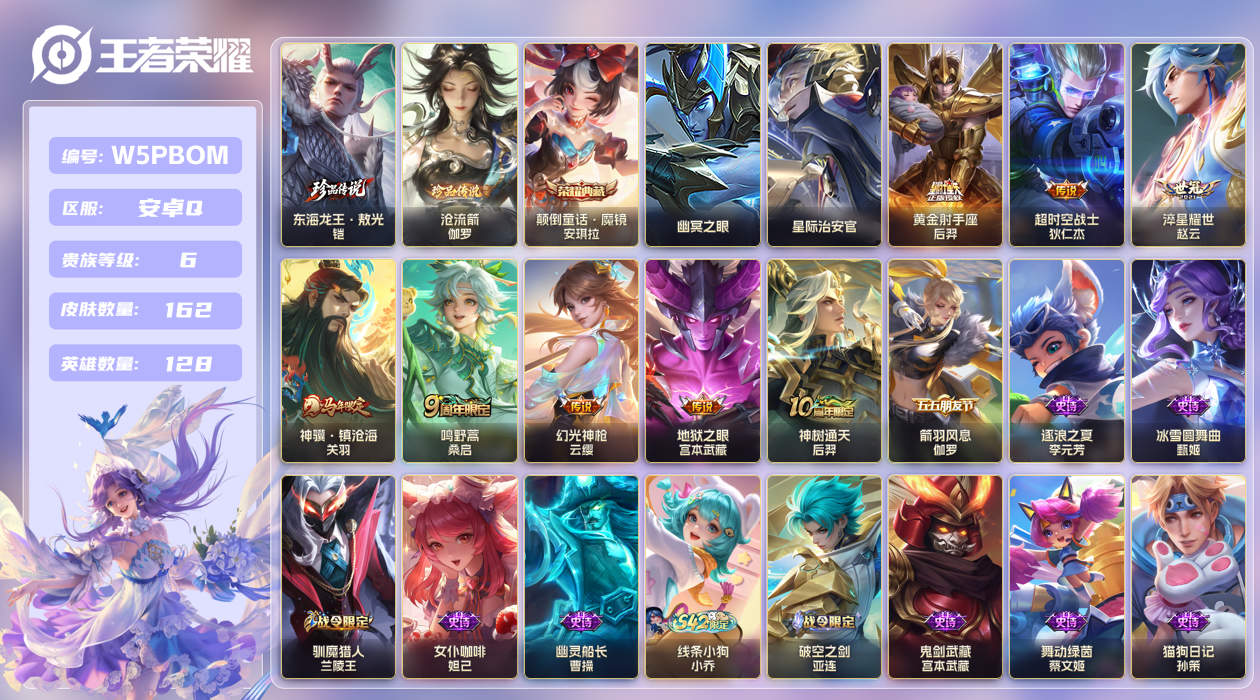 王者荣耀账号安卓QQ【】安卓手Q470区162皮2珍品传说1典藏8传说0无双2星传说6按键1签名 V6 营地ID1819