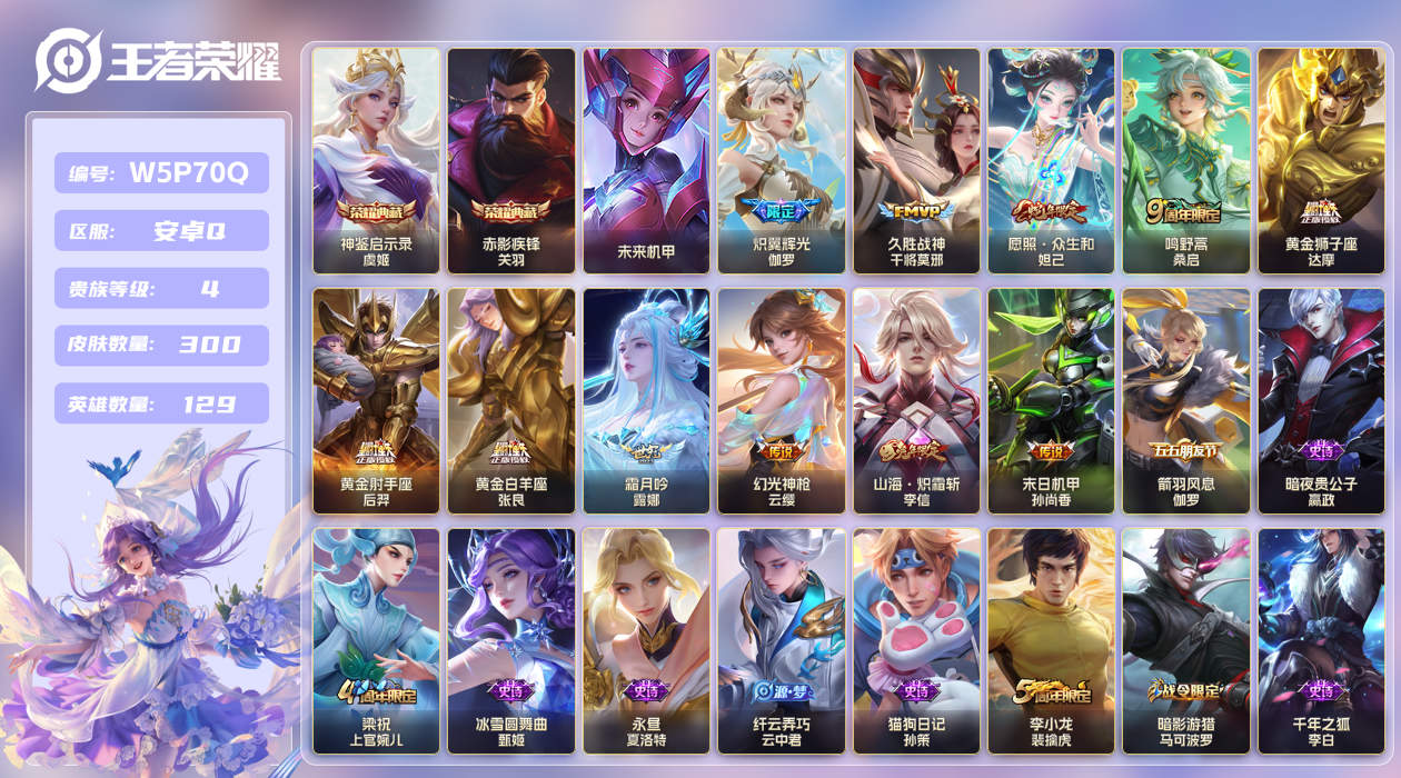 王者荣耀账号安卓QQ【】安卓手Q306区300皮2典藏11传说0无双1星传说2天幕8按键2签名1金标 V4 营地ID21