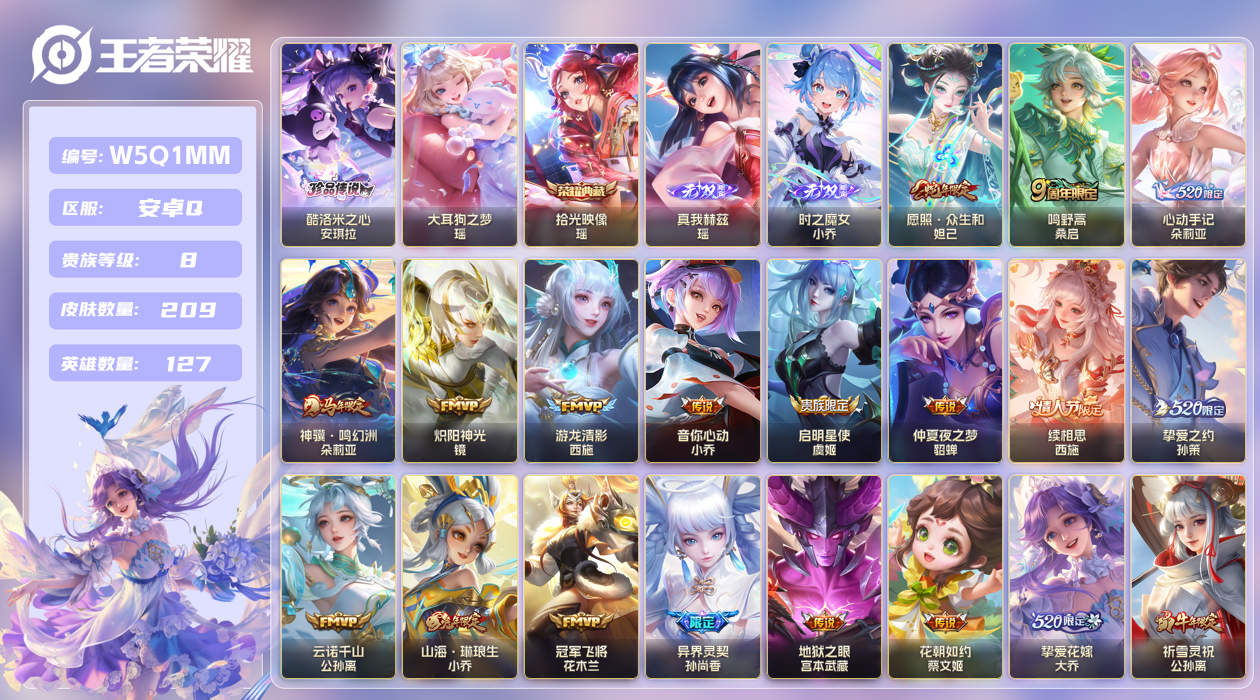 王者荣耀账号安卓QQ【】安卓手Q438区209皮2珍品传说1典藏21传说2无双 V8 营地ID1795637835 (可