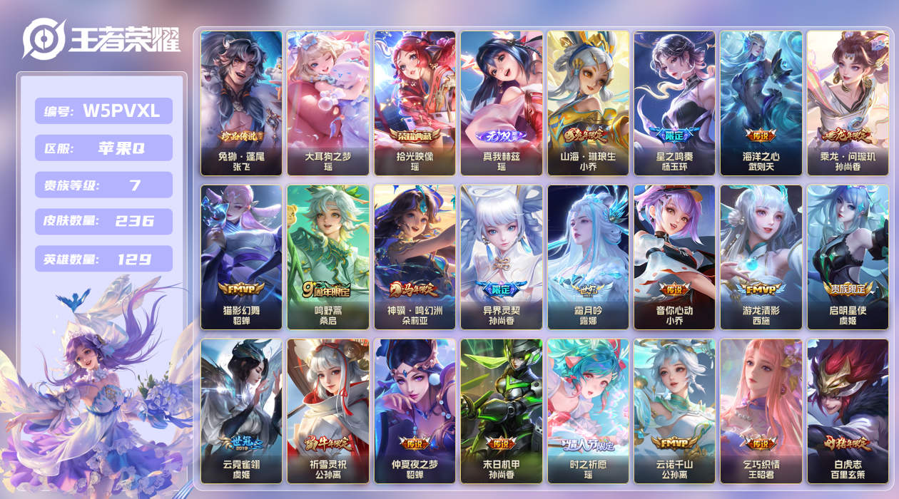 王者荣耀账号苹果QQ【】苹果手Q141区236皮2珍品传说剩余55点卷1典藏21传说1无双 V7 营地ID5457166