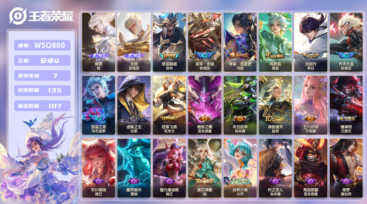 王者荣耀账号安卓QQ【】安卓手Q458区135皮0典藏13传说2无双1星传说10按键 V7 营地ID1807428259