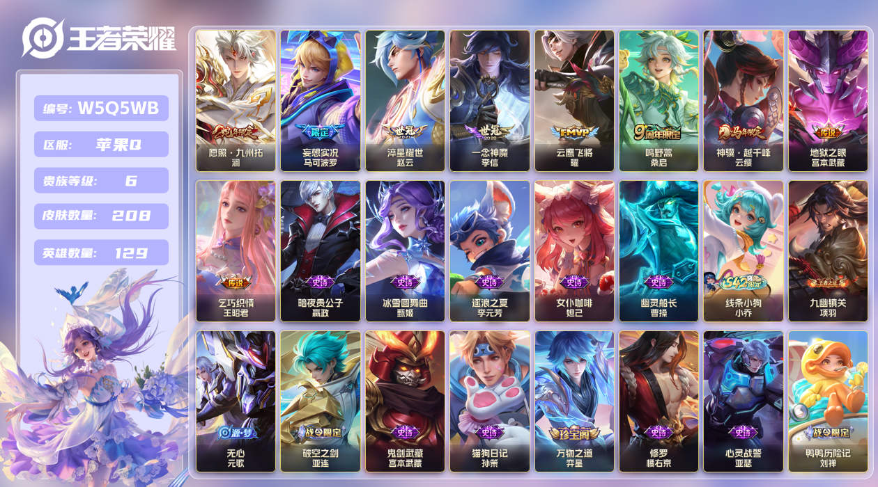 王者荣耀账号苹果QQ【】苹果手Q139区208皮0典藏9传说0无双2星传说5按键 V6 营地ID1658280417 (