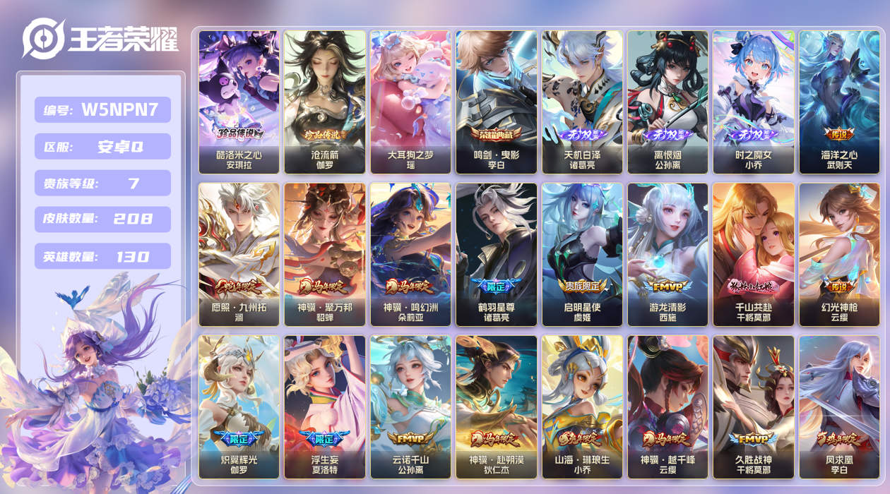 王者荣耀账号安卓QQ【】安卓手Q395区208皮3珍品传说1典藏24传说3无双 V7 营地ID1714589808 (不