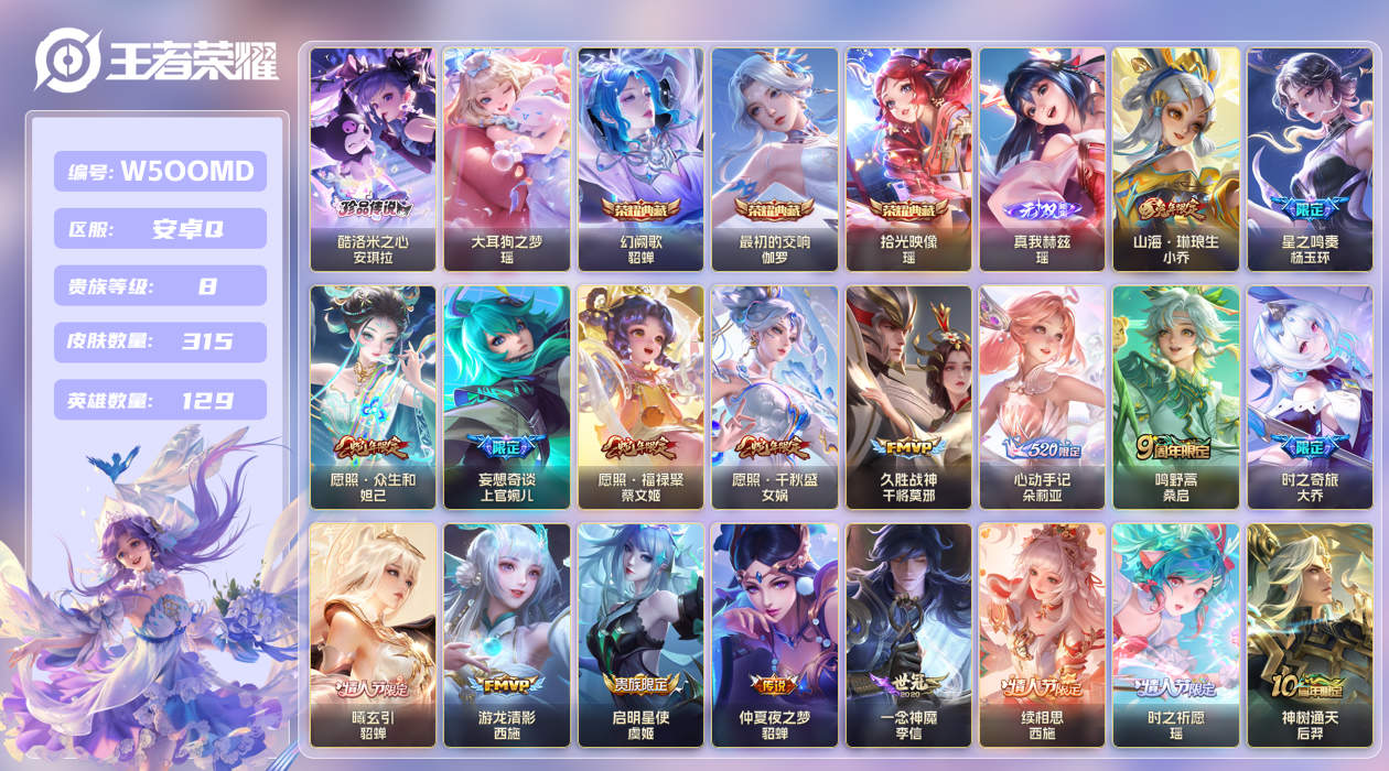 王者荣耀账号安卓QQ【】安卓手Q453区315皮2珍品传说3典藏19传说1无双 V8 营地ID1796621918 (不