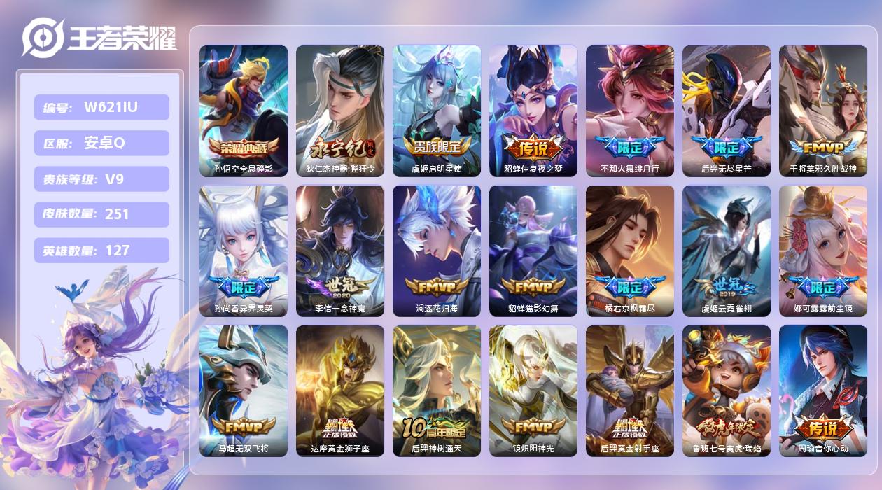 王者荣耀账号安卓QQ【N】安卓手Q12区251皮1典藏28传说0无双2天幕2按键2星元4印记 营地ID184088296