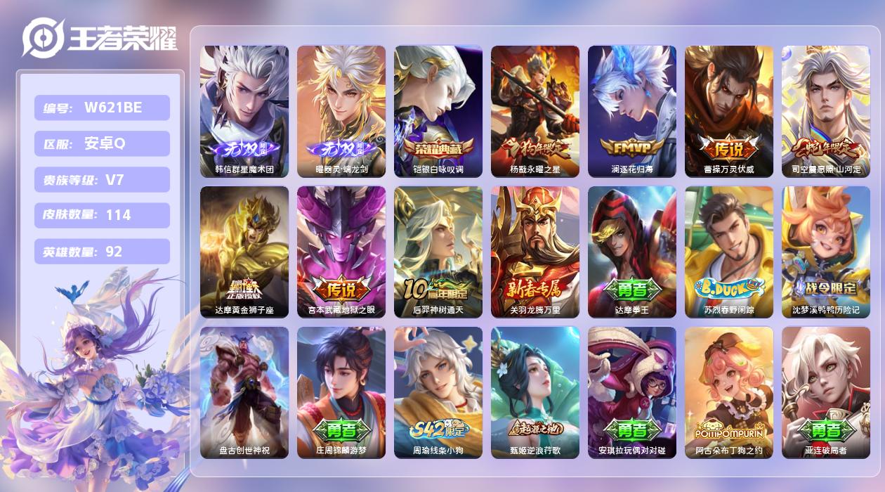 王者荣耀账号安卓QQ【N】安卓手Q507区114皮1典藏7传说2无双 营地ID1641707317(可二次)V7非凡王者