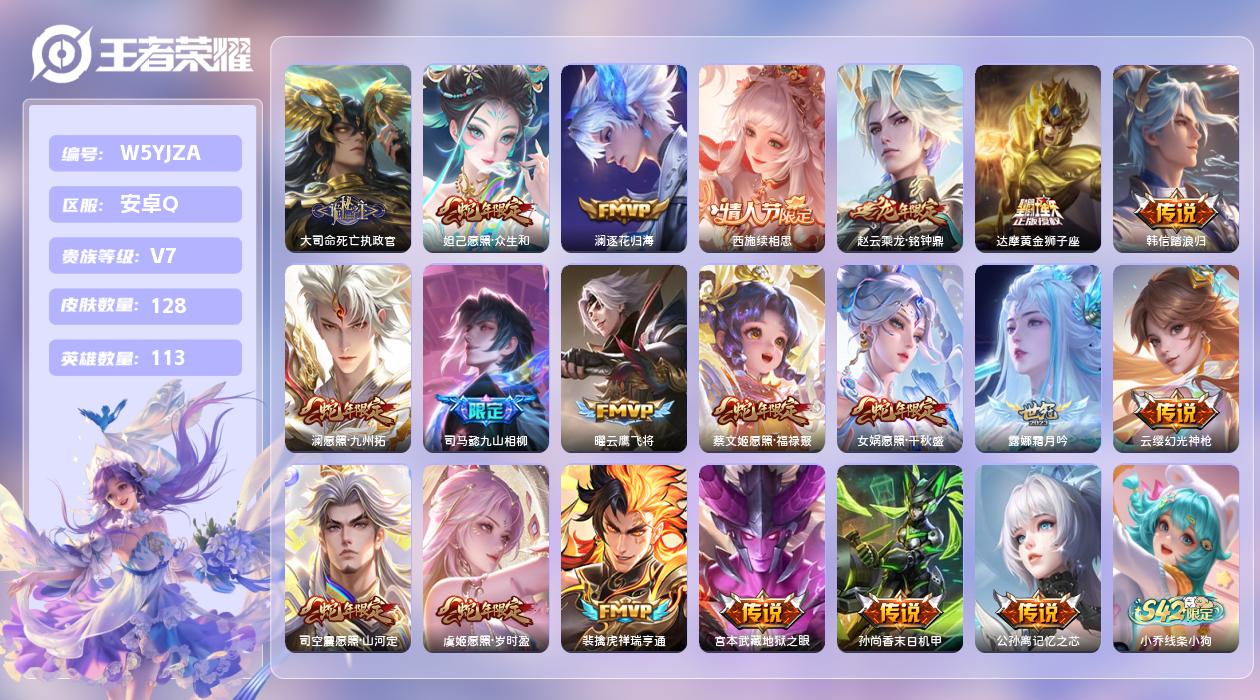 王者荣耀账号安卓QQ【N】安卓手Q510区128皮0典藏20传说0无双 营地ID1611981253(可二次)V7至尊星