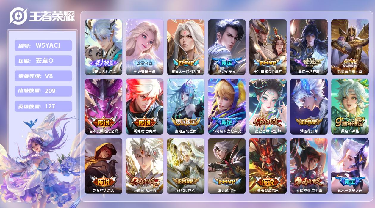 王者荣耀账号安卓QQ【X】安卓手Q274区209皮0典藏20传说2无双 营地ID481956007(可二次)V8至尊星耀