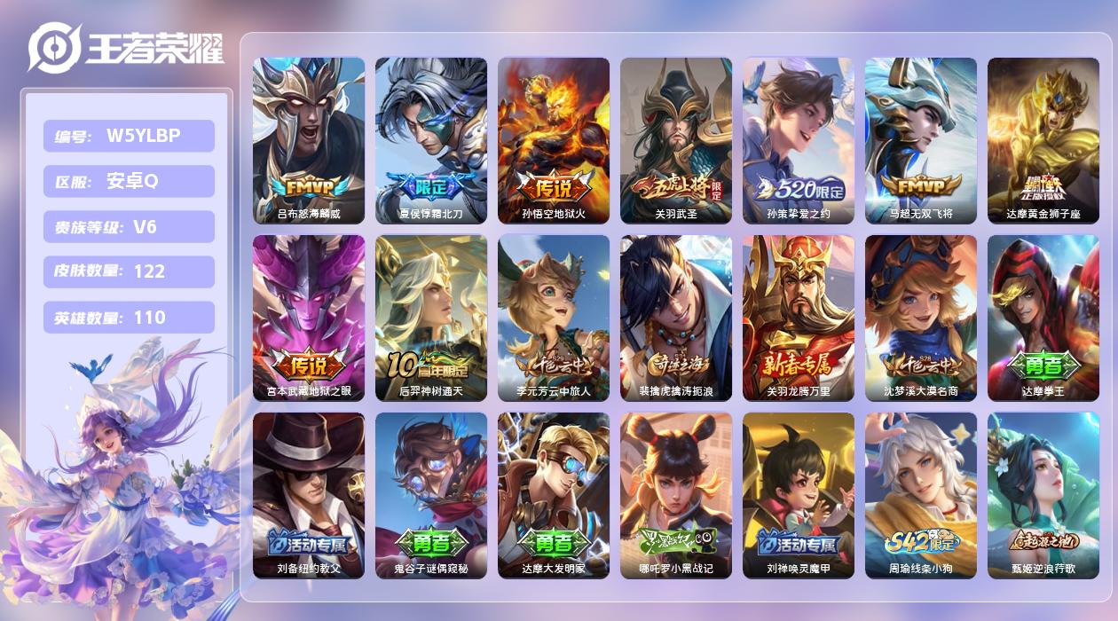 王者荣耀账号安卓QQ【N】安卓手Q427区122皮0典藏9传说0无双 对抗路34段 营地ID1840312513(不可二