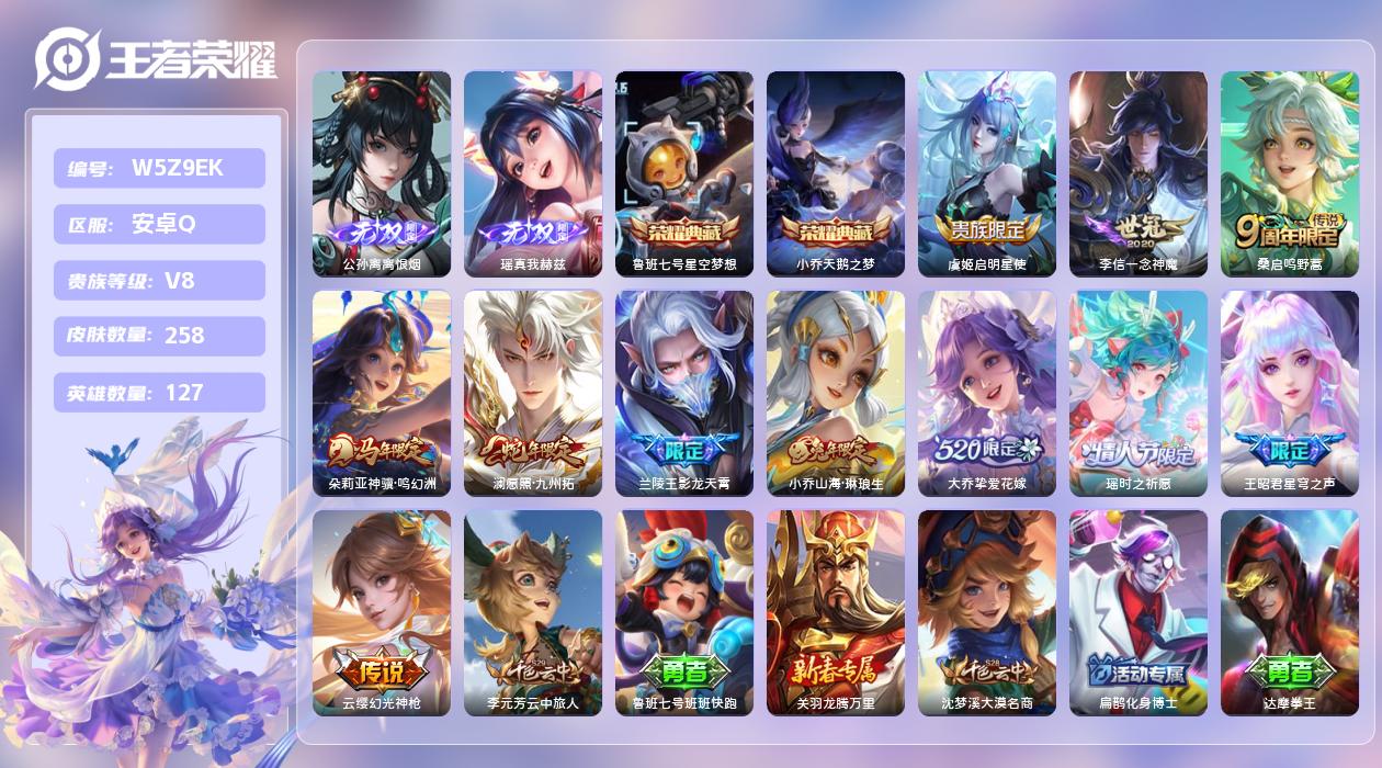 王者荣耀账号安卓QQ【N】安卓手Q312区258皮2典藏11传说2无双 营地ID1774288346(可二次)V8最强王