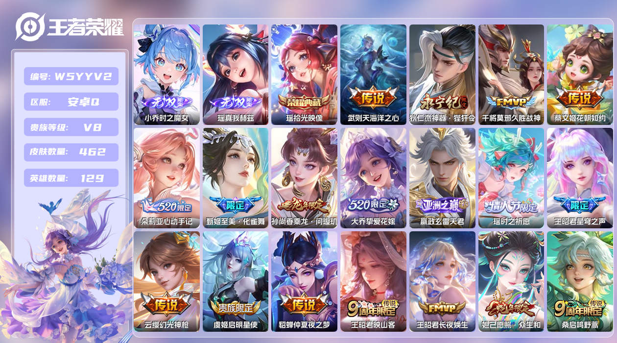 王者荣耀账号安卓QQ【N】安卓手Q308区462皮1珍品传说2典藏25传说2无双29按键4签名1星元13印记3金牌1银牌