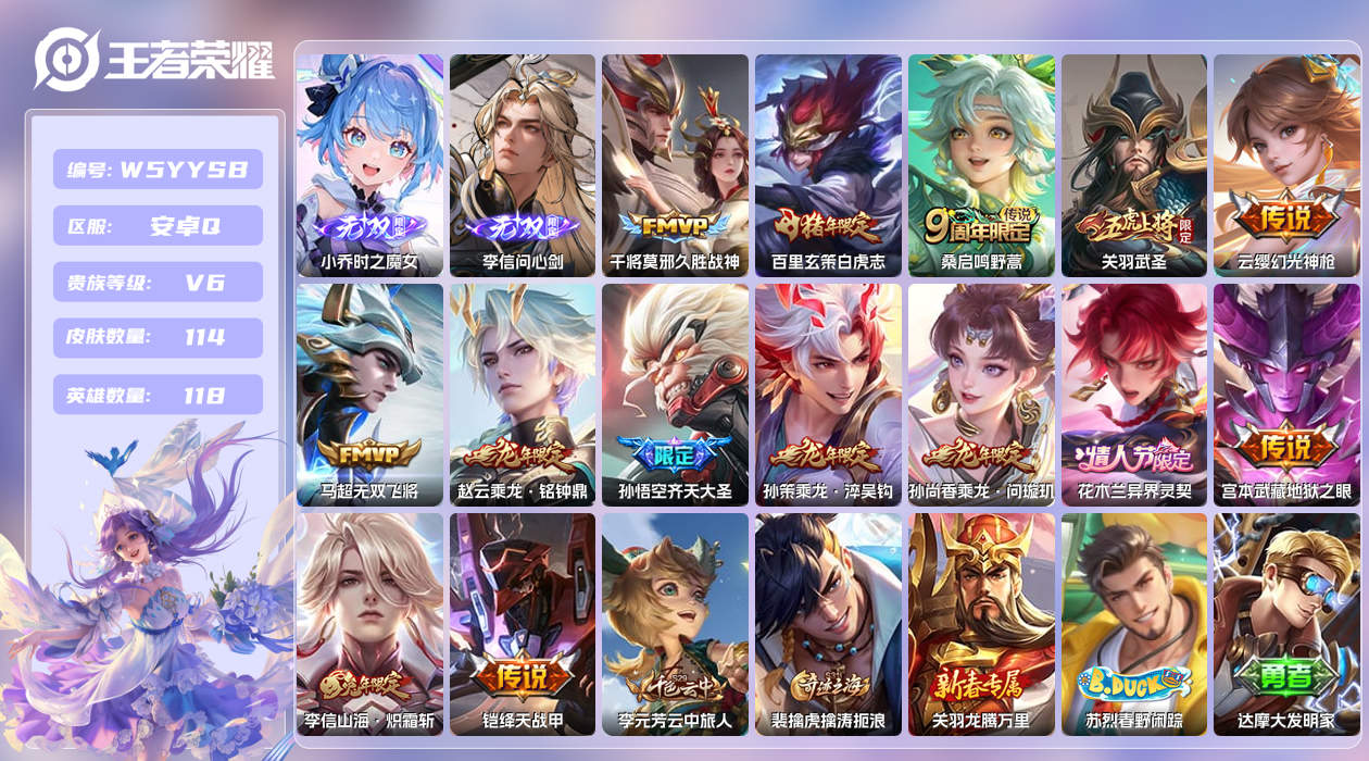 王者荣耀账号安卓QQ【L】安卓手Q30区114皮0典藏14传说2无双 营地ID223719049(不可二次)V6QQ钱包