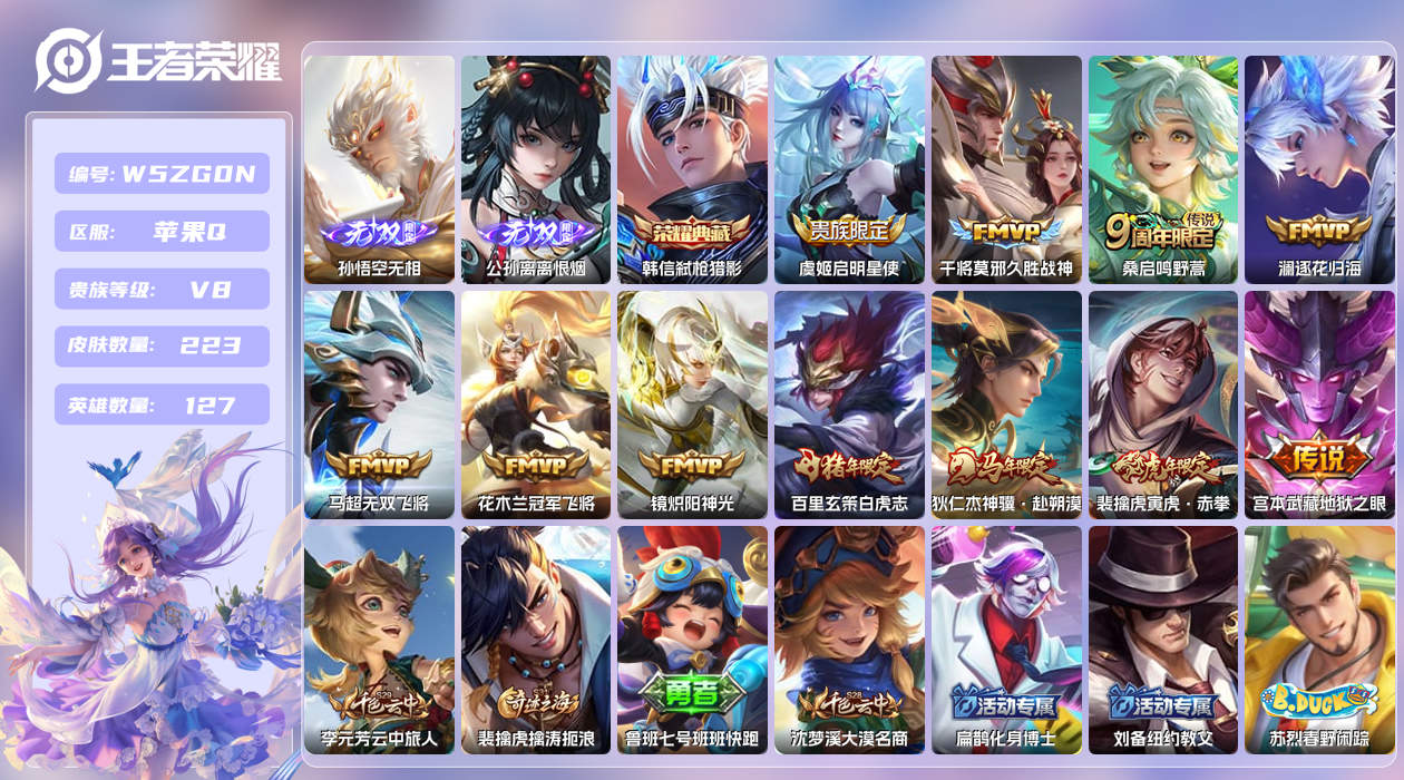 王者荣耀账号苹果QQ【N】苹果手Q108区223皮1典藏11传说2无双 营地ID1858098433(不可二次)V8至圣