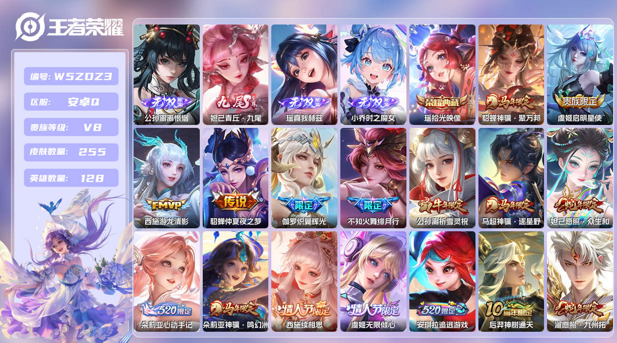 王者荣耀账号安卓QQ【L】安卓手Q531区255皮2珍品传说1典藏33传说4无双8印记1 银标营地ID173998128