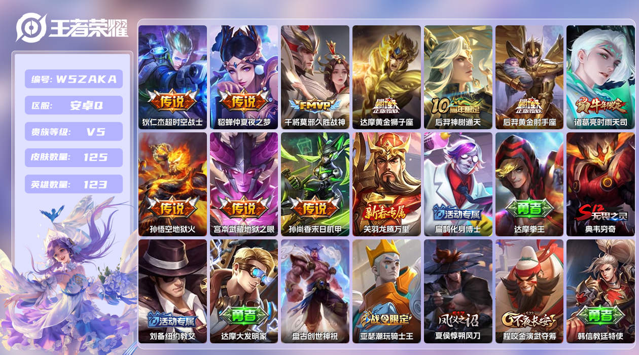 王者荣耀账号安卓QQ【N】安卓手Q163区125皮0典藏10传说0无双 营地ID491961335(可二次)V5QQ钱包
