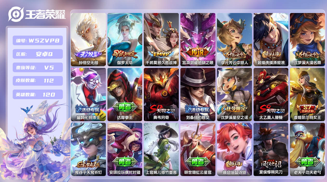 王者荣耀账号安卓QQ【N】安卓手Q163区112皮0典藏3传说1无双 营地ID402711055(可二次)V5至尊星耀I