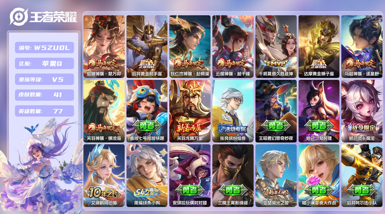 王者荣耀账号苹果QQ【X】苹果手Q134区41皮0典藏8传说0无双 营地ID1807028612(可二次)V5至尊星耀I