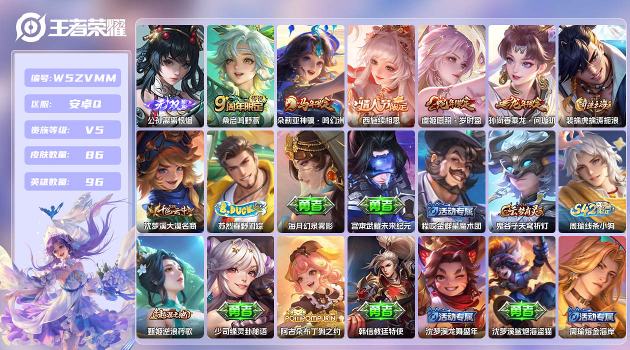 王者荣耀账号安卓QQ【N】安卓手Q389区86皮0典藏5传说1无双 营地ID1780958971(不可二次)V5非凡王者