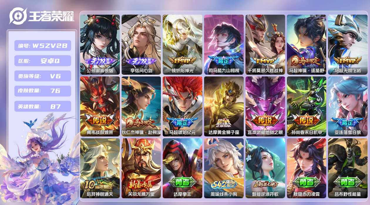 王者荣耀账号安卓QQ【X】安卓手Q524区76皮0典藏13传说2无双 营地ID1569936500(不可二次)V6最强王