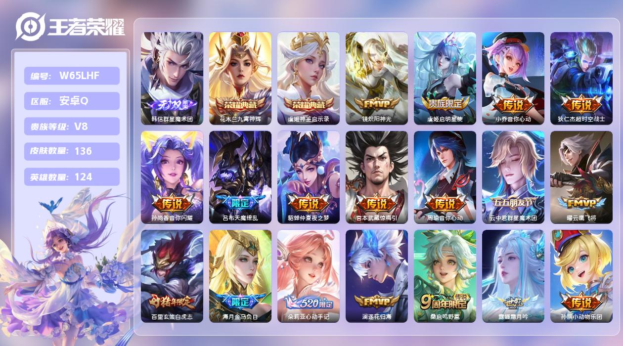 王者荣耀账号安卓QQ【N】安卓手Q487区136皮2典藏22传说1无双 营地ID1841198024(可二次)V8传奇王