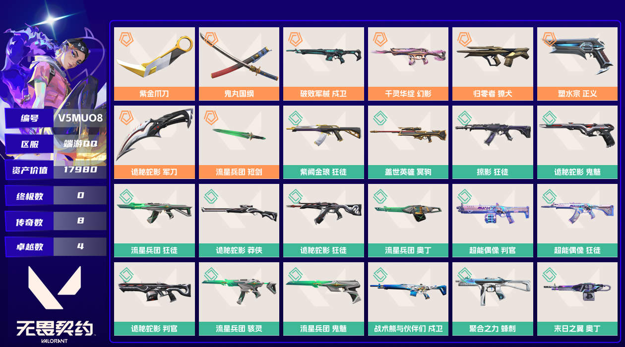 无畏契约账号QQ17980资产635使用R点43皮肤0套装 未定级【套装】【皮肤】折光棱晶-标配,折光棱晶-戍卫,末日之翼-幻影,末日之翼-飞将,末日之翼-奥丁,末日之翼-短炮,折光棱晶-蜂刺,聚合之力-飞将...