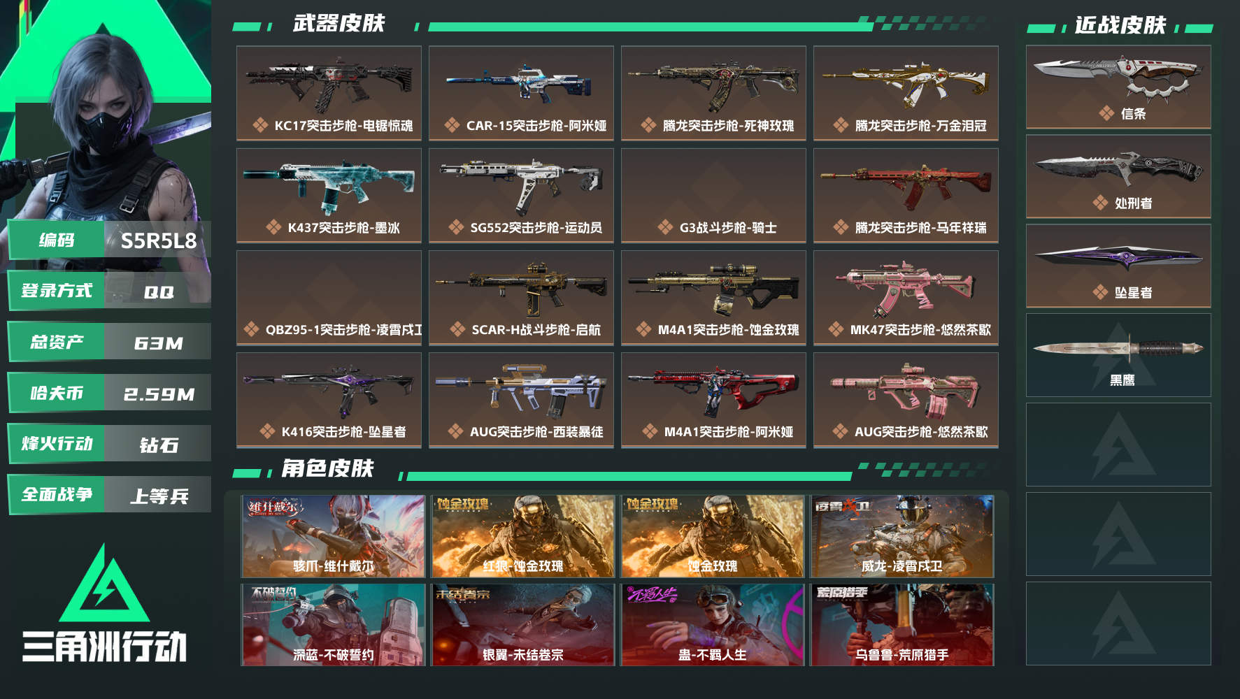 三角洲行动账号QQQQ不可二次实名，【烽火等级】：60，【总资产】：63M，【烽火段位】：钻石，【全面战场段位】：上等兵，【哈夫币】：2590000，【安全箱】：基础安全箱，【干员皮肤】：蚀金玫瑰,银翼-未结卷...
