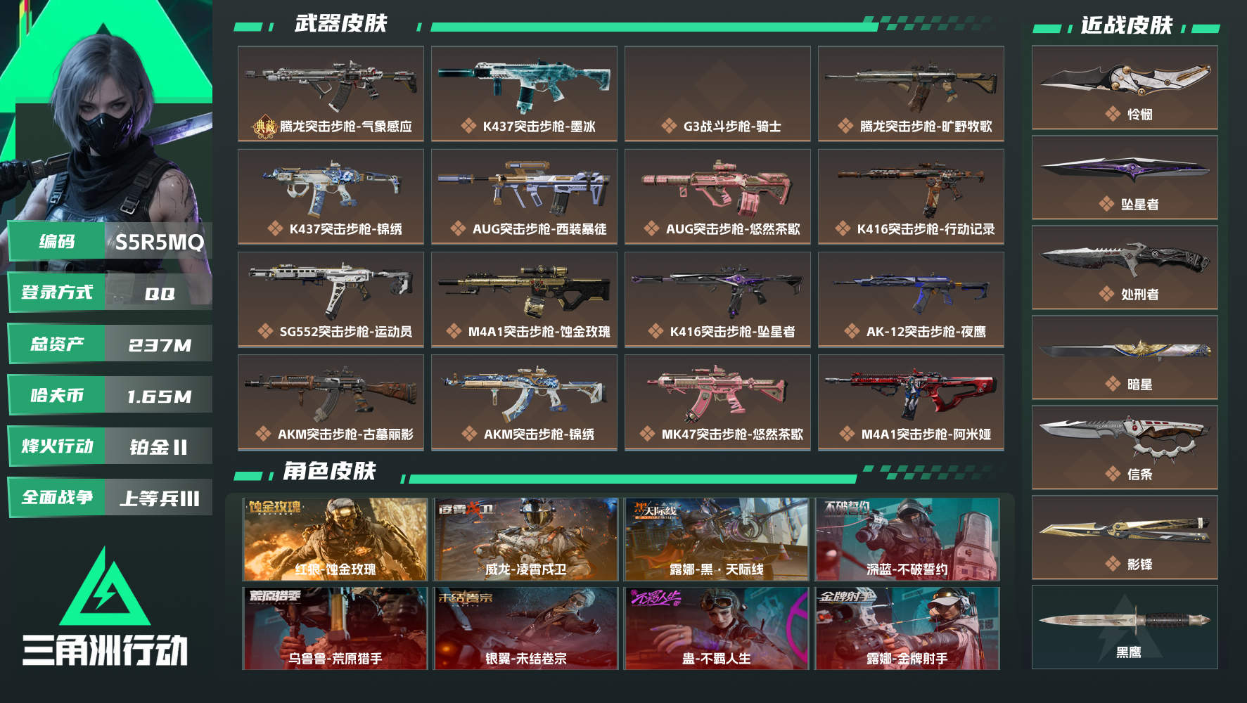 三角洲行动账号QQQQ不可二次实名，【烽火等级】：60，【总资产】：237M，【烽火段位】：铂金Ⅱ，【全面战场段位】：上等兵Ⅲ，【哈夫币】：1650000，【三角券】：80，【安全箱】：高级安全箱，【传说典藏】...