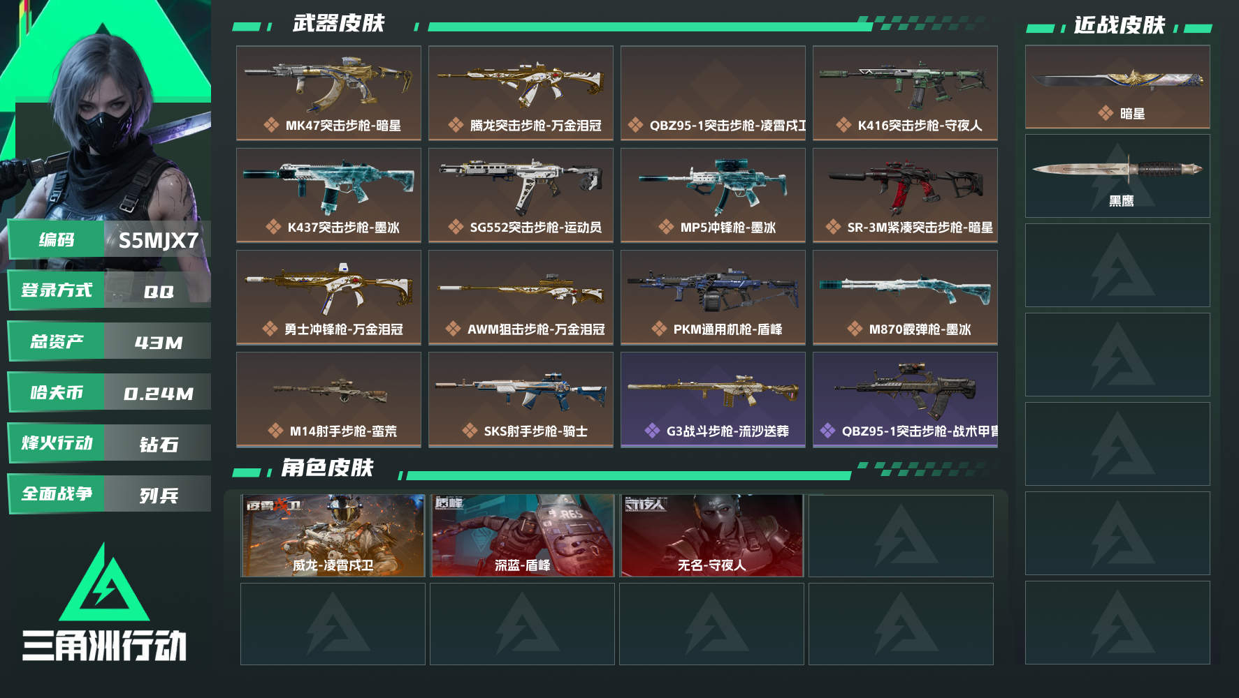 三角洲行动账号QQQQ可二次实名，【烽火等级】：60，【总资产】：43M，【烽火段位】：钻石，【全面战场段位】：列兵，【哈夫币】：240000，【三角券】：192，【安全箱】：S10顶级安全箱，【干员皮肤】：深...