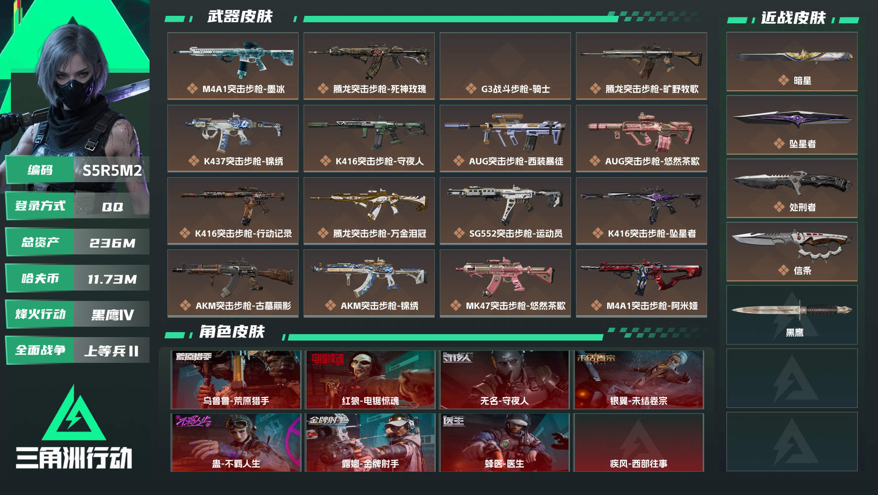 三角洲行动账号QQQQ不可二次实名，【烽火等级】：60，【总资产】：236M，【烽火段位】：黑鹰Ⅳ，【全面战场段位】：上等兵Ⅱ，【哈夫币】：11730000，【三角券】：139，【安全箱】：S10顶级安全箱，【...