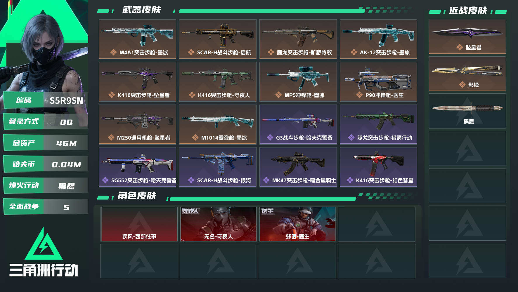 三角洲行动账号QQQQ不可二次实名，【烽火等级】：60，【总资产】：46M，【烽火段位】：黑鹰，【全面战场段位】：无军衔，【哈夫币】：40000，【三角券】：38，【安全箱】：S10顶级安全箱，【干员皮肤】：蜂...