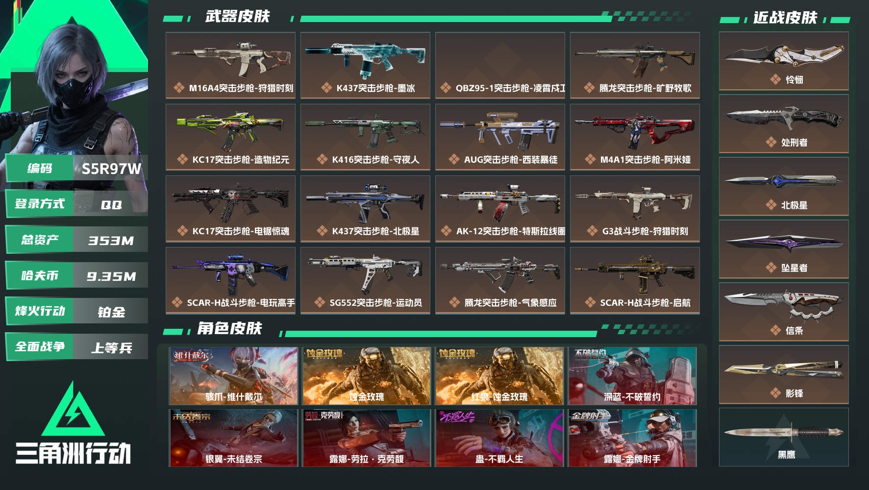 三角洲行动账号QQQQ可二次实名，【烽火等级】：60，【总资产】：353M，【烽火段位】：铂金，【全面战场段位】：上等兵，【哈夫币】：9350000，【安全箱】：S10顶级安全箱，【干员皮肤】：蜂医-医生,深蓝...