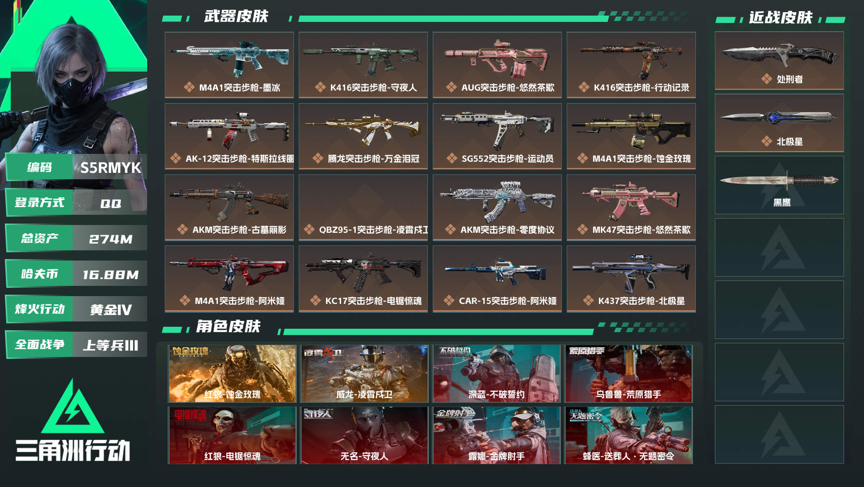 三角洲行动账号QQQQ可二次实名，【烽火等级】：60，【总资产】：274M，【烽火段位】：黄金Ⅳ，【全面战场段位】：上等兵Ⅲ，【哈夫币】：16880000，【三角券】：31，【安全箱】：基础安全箱，【传说典藏】...