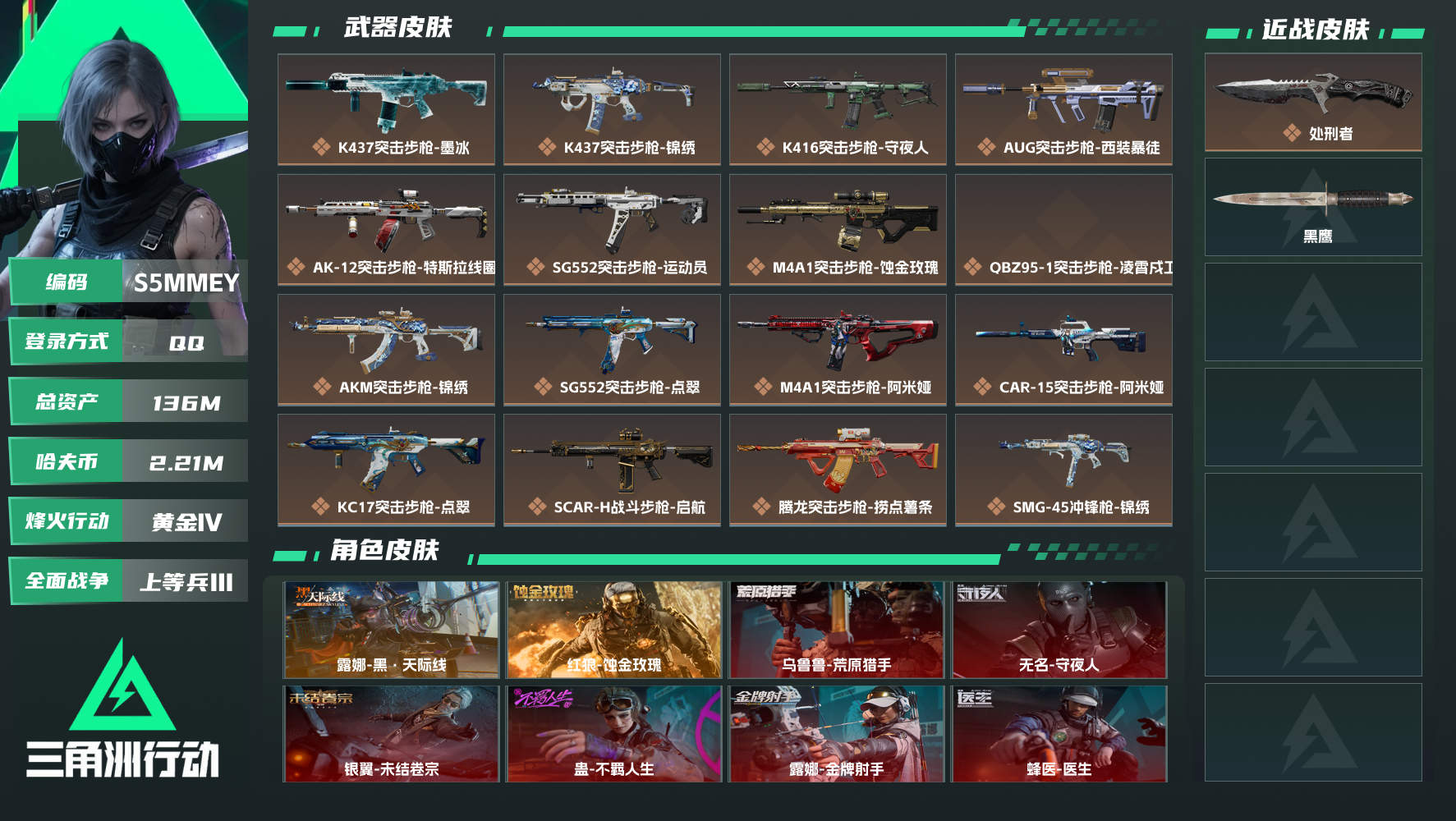 三角洲行动账号QQQQ不可二次实名，【烽火等级】：60，【总资产】：136M，【烽火段位】：黄金Ⅳ，【全面战场段位】：上等兵Ⅲ，【哈夫币】：2210000，【三角券】：136，【安全箱】：S10顶级安全箱，【传...