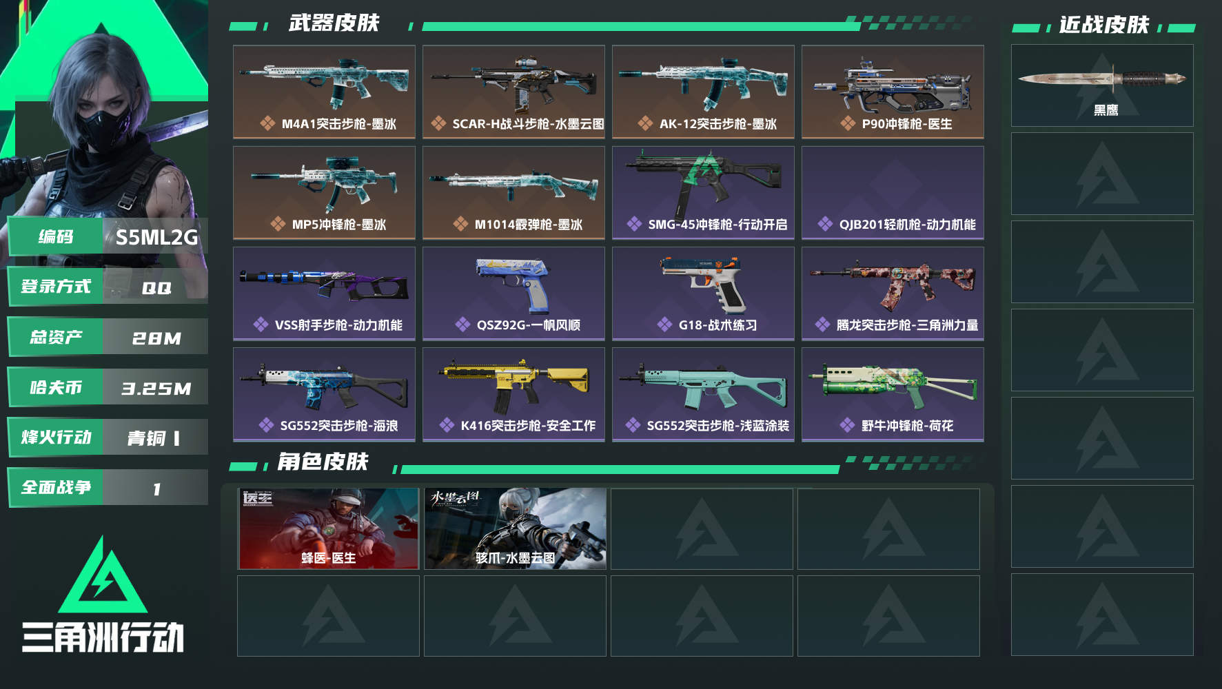 三角洲行动账号QQQQ可二次实名，【烽火等级】：34，【总资产】：28M，【烽火段位】：青铜Ⅰ，【全面战场段位】：无军衔，【哈夫币】：3250000，【三角券】：80，【安全箱】：进阶安全箱，【传说典藏】：G1...